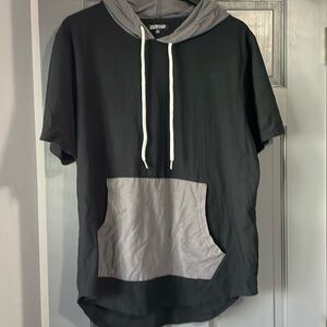Men’s large Elwood shirt with hood, 60% cotton.  Grey and Black
